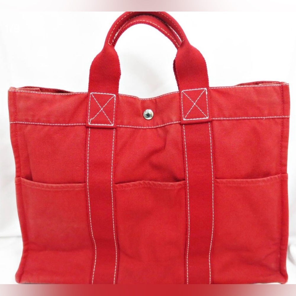 Hermes Sac Deville MM Tote Bag Canvas Red, Authentic